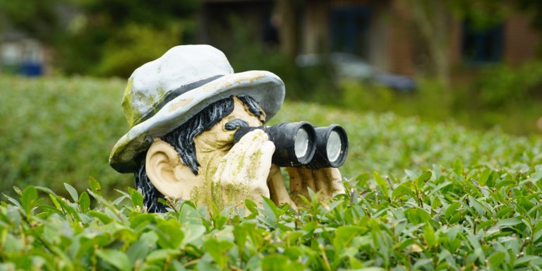 A statue holding binoculars in a field