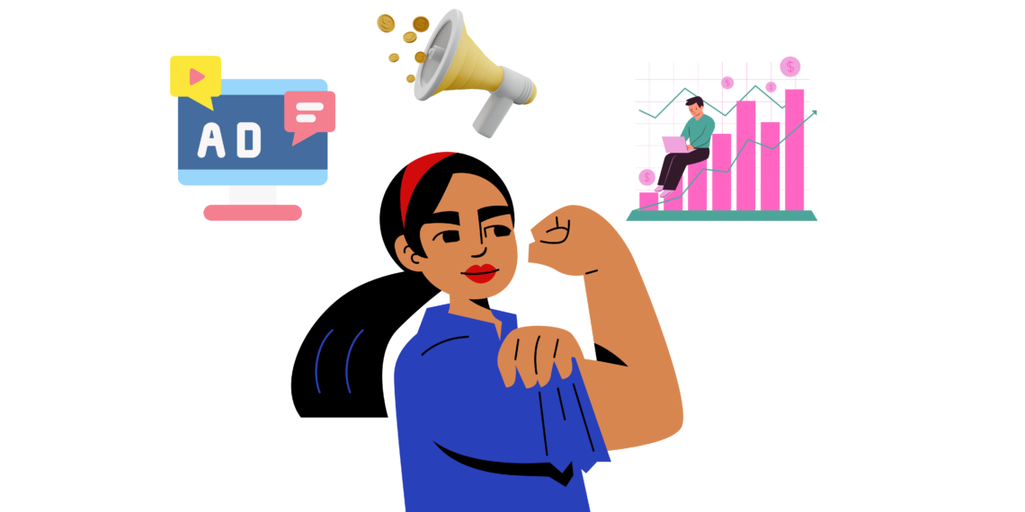 A strong woman surrounded by ad related graphics