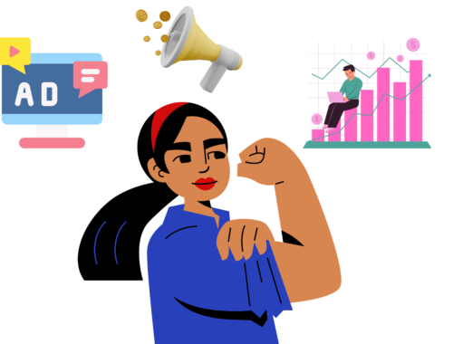 A strong woman surrounded by ad related graphics