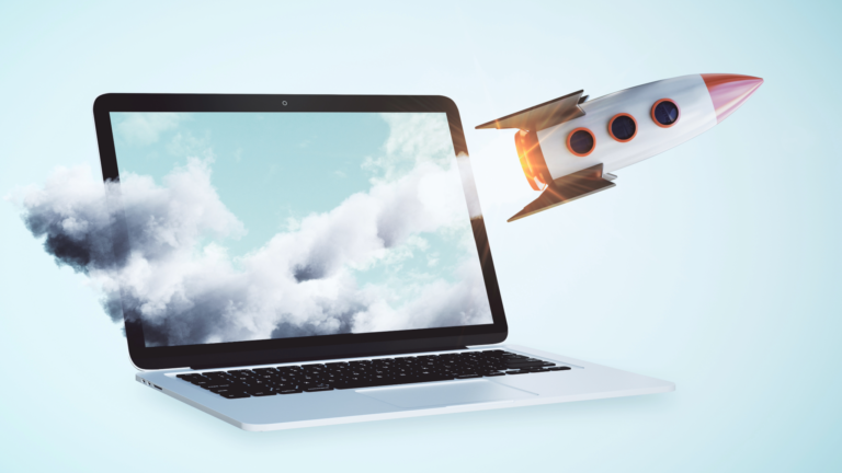 Rocket ship flying out of laptop screen