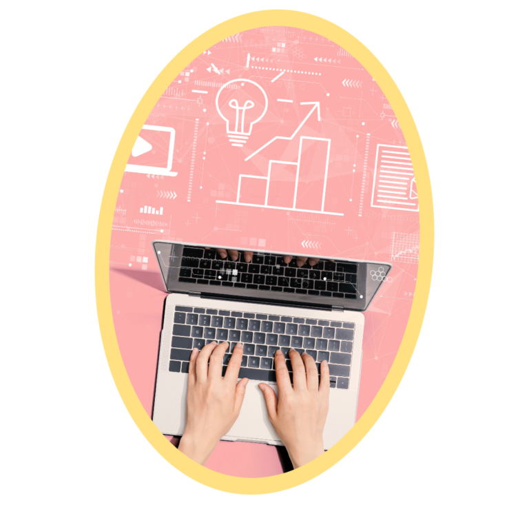 Person typing on laptop in front of pink background