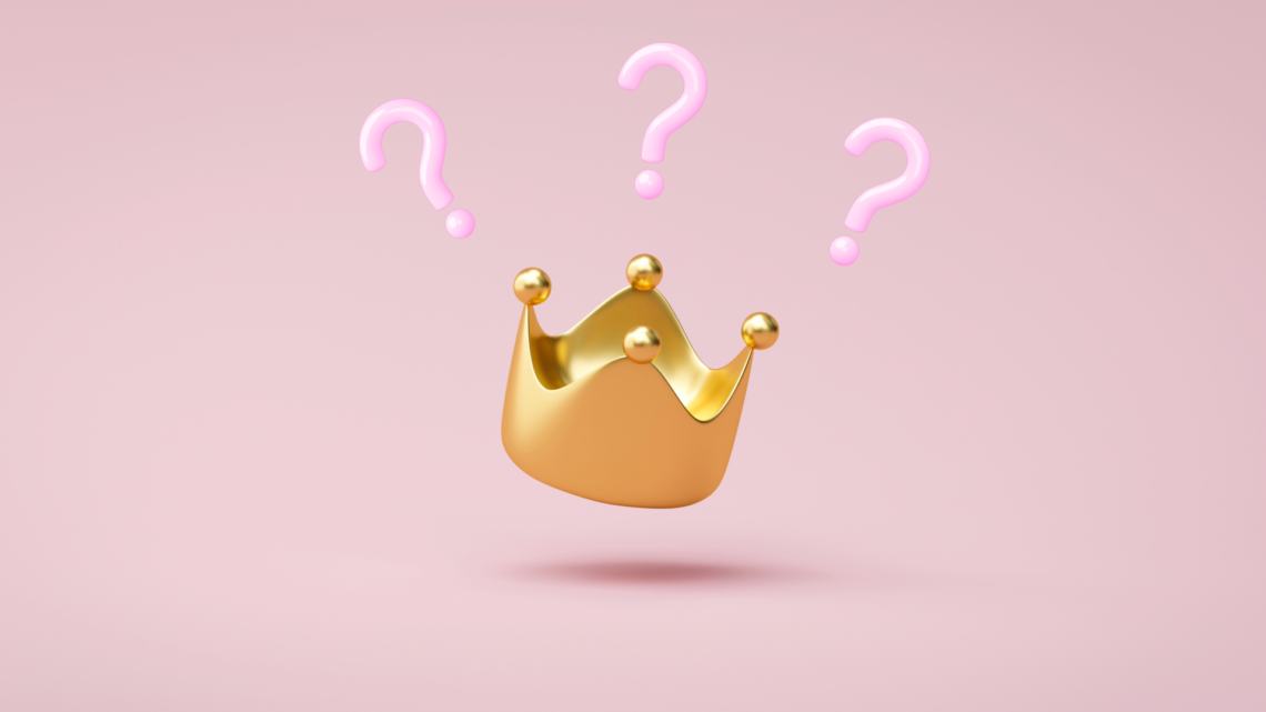 Crown on pink background, below three pink question marks