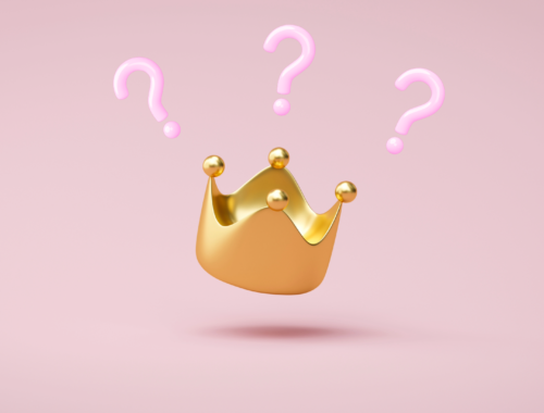 Crown on pink background, below three pink question marks